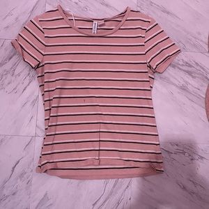 pink black and white striped shirt